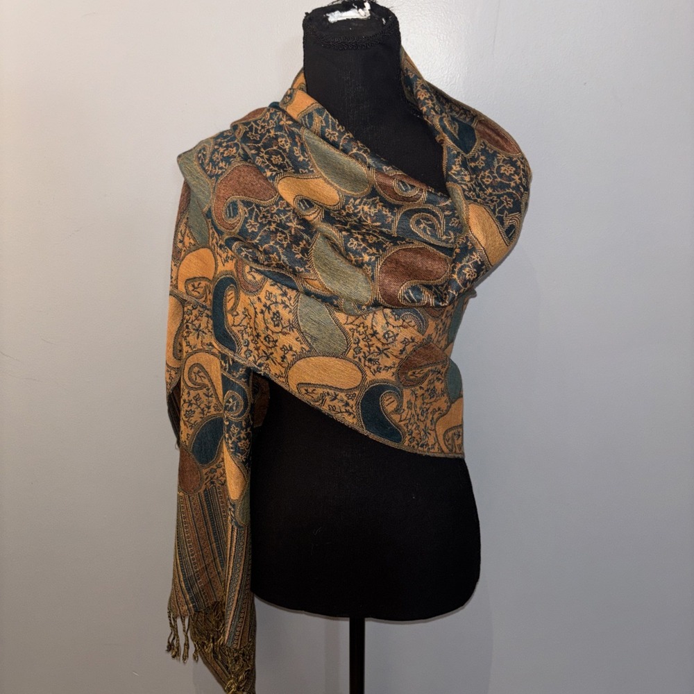 Pashmina Scarf Wrap Shawl Paisley Fringed Autumn Earthy Tones 74"x27"